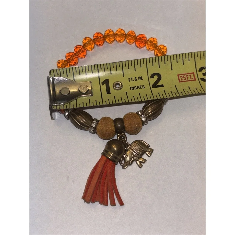 Vintage Orange Bead Beaded Stretch Bracelet With Tassel & Elephant Charm